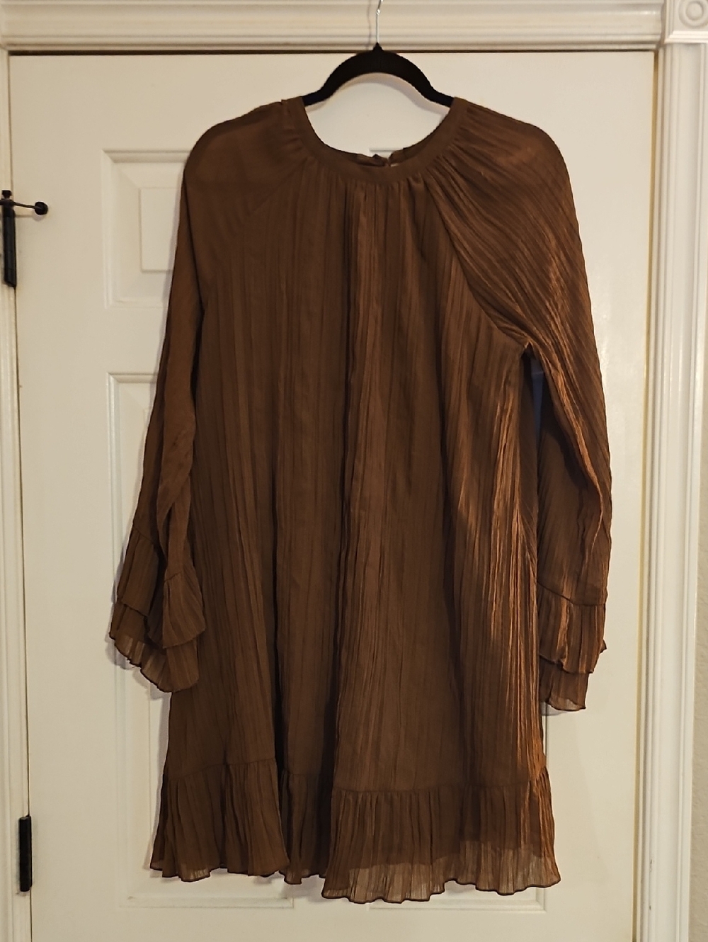Time and Tru Brown Pleated Long-Sleeve Ruffle-Hem Dress